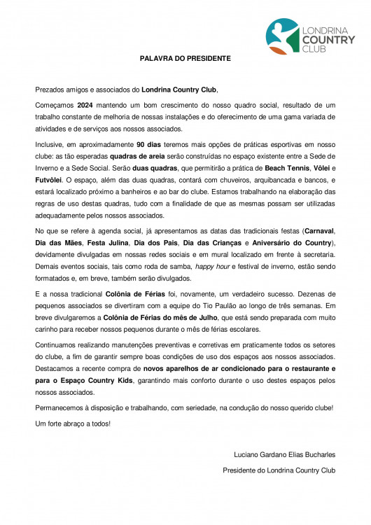 Palavra do Presidente - Fevereiro - 2024